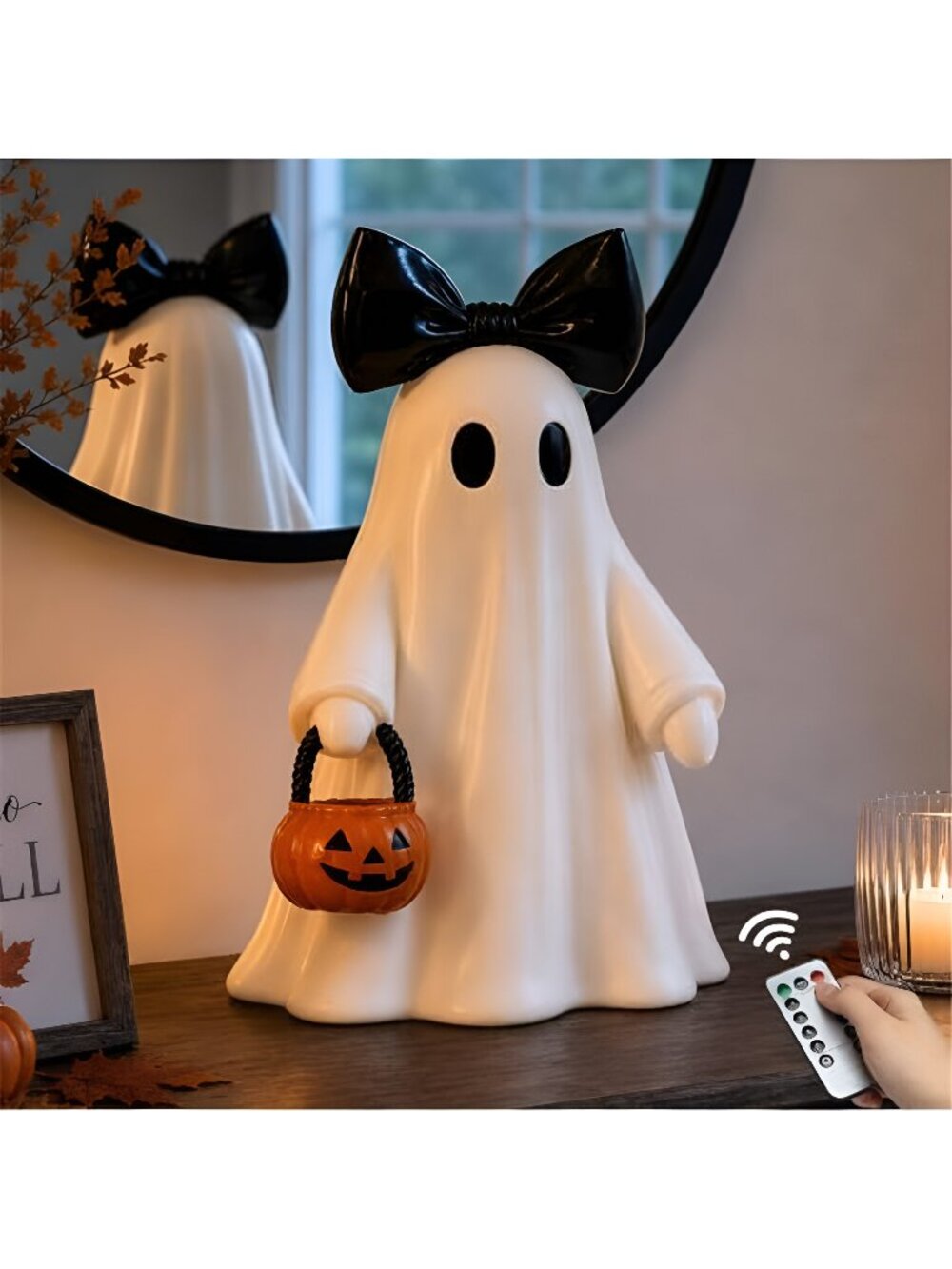 14 in Large Lighted White Ghost Figurine with Pumpkin Lantern&Remote Timer